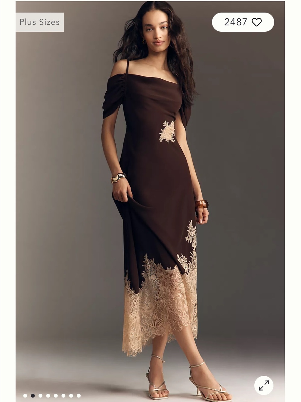 Anthropologie Bl-nk Satin Off-Shoulder Lace Midi Dress Small Reg Chocolate Brown - Picture 3 of 13